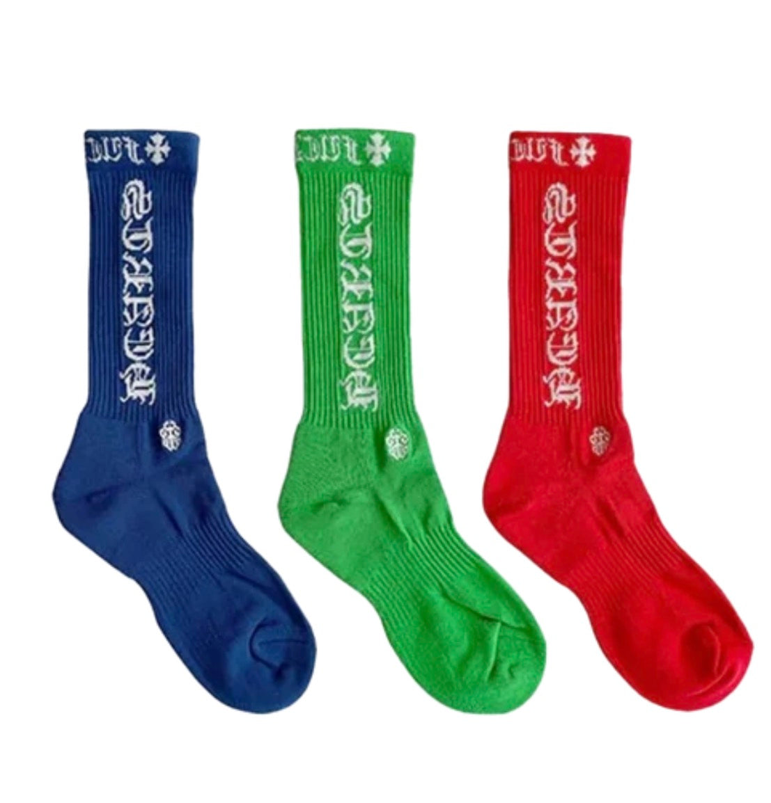 Chrome Hearts Script Logo Socks "Green / Red / Blue" – Size 9-13 (Brand New) (ONE PACK OF 3)