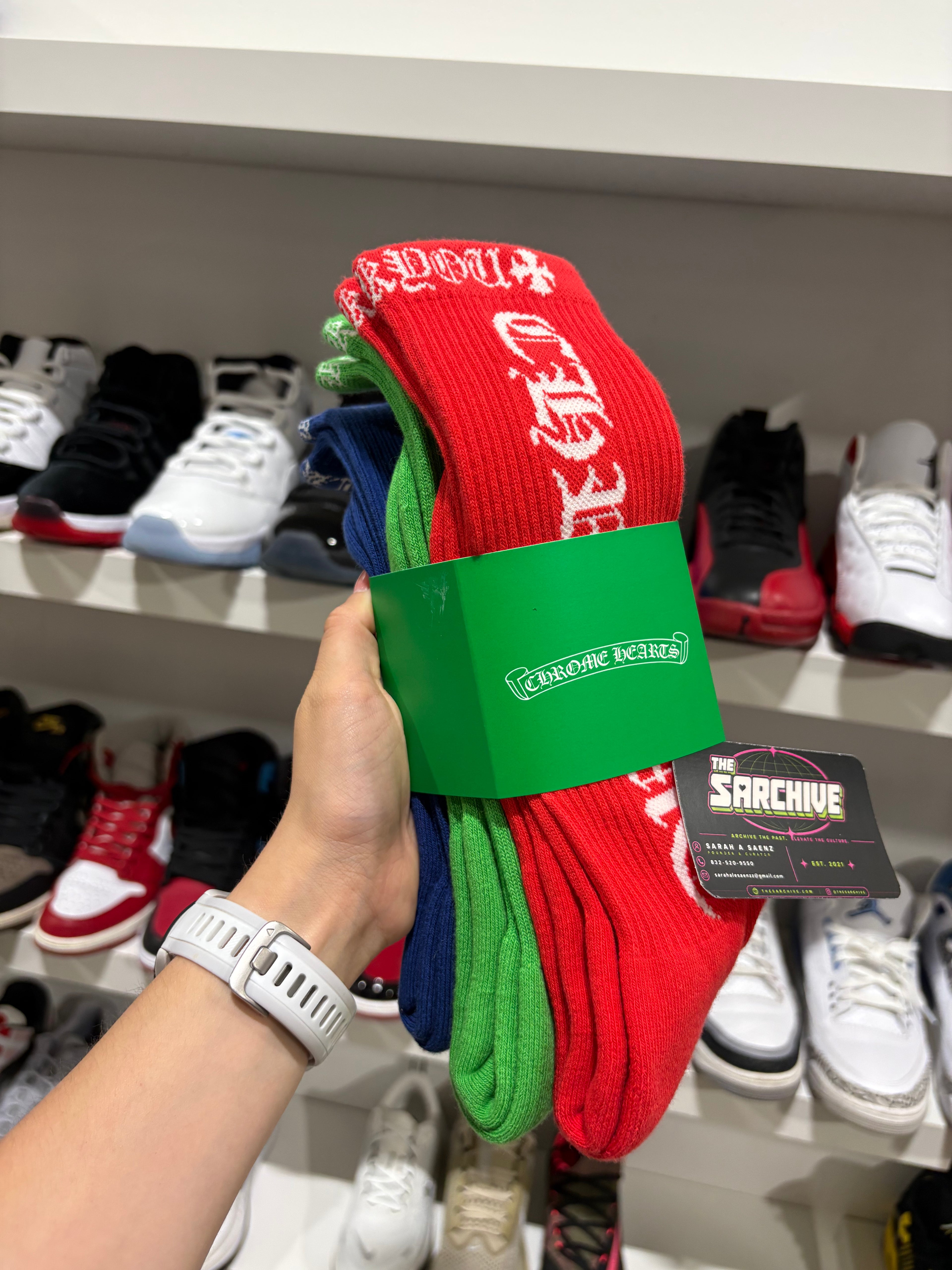 Chrome Hearts Script Logo Socks "Green / Red / Blue" – Size 9-13 (Brand New) (ONE PACK OF 3)
